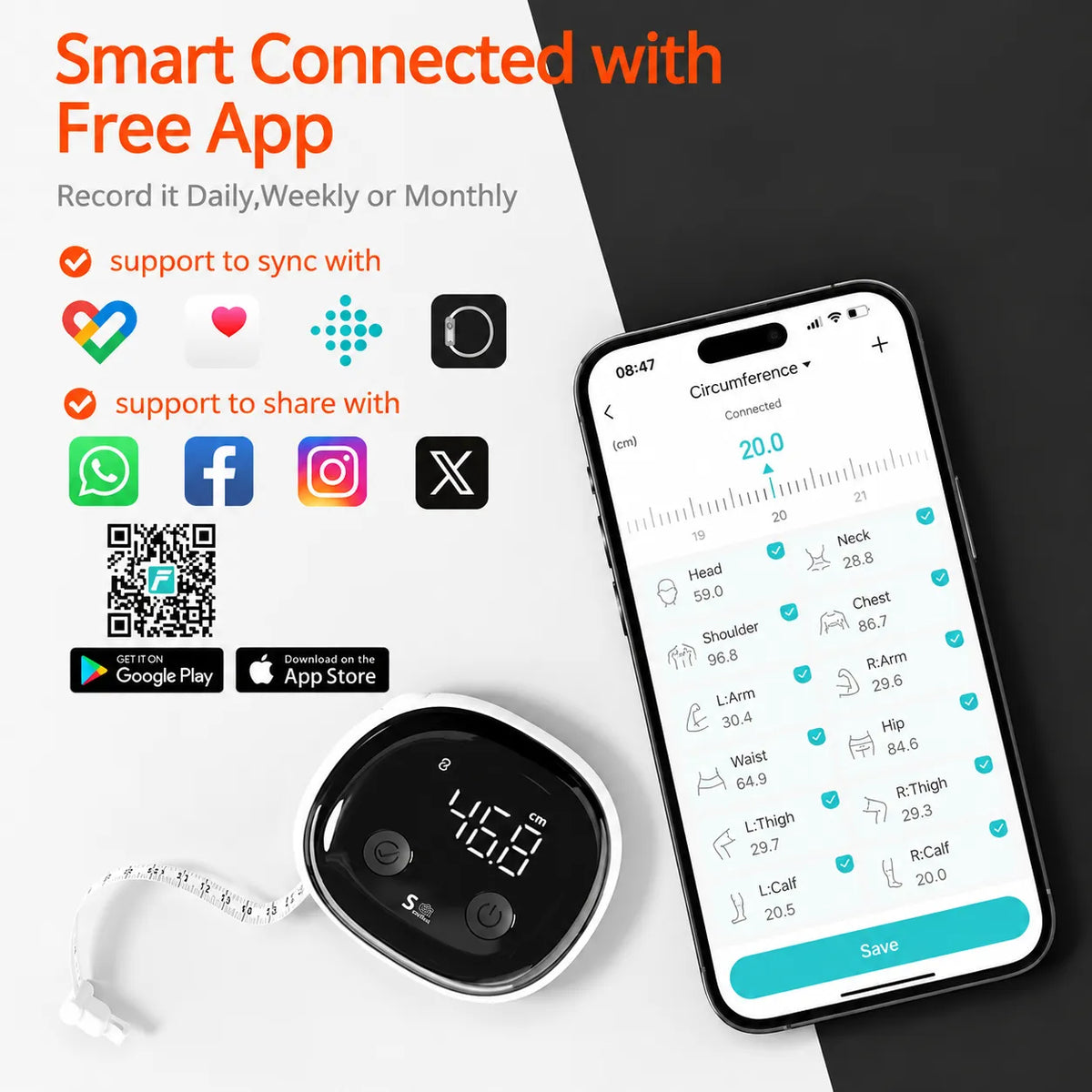 One-hand Retractable Tape with Lock, Fitness & Weight Loss Tracker for Waist/Hips/Arms/Legs, Fitdays App Sync