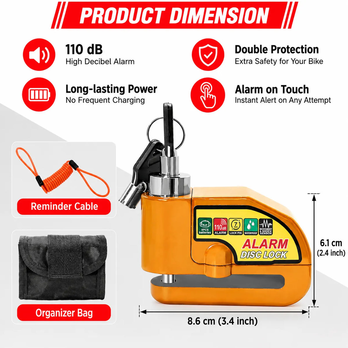 High-Decibel Anti-Theft Disc Brake Alarm Lock With 110dB Siren Alarm Sound, Protect Your Bike at Office, Market, Gym or Outside Your Home