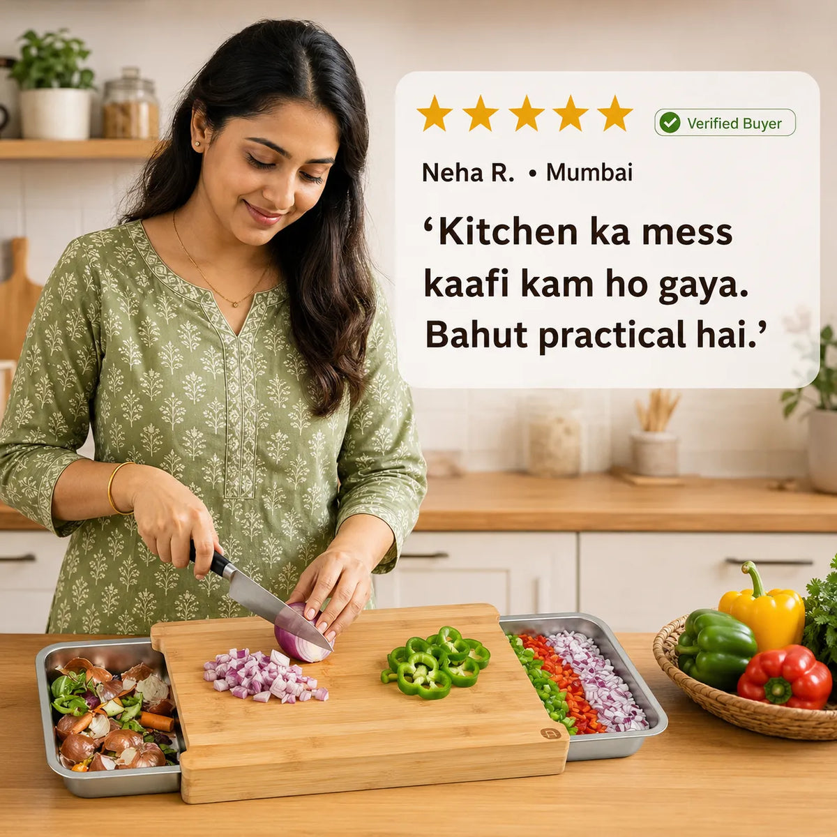 Chopping Board with Magnetic Trays – Practical Chopping Board in High Quality Bamboo Wood with Tray