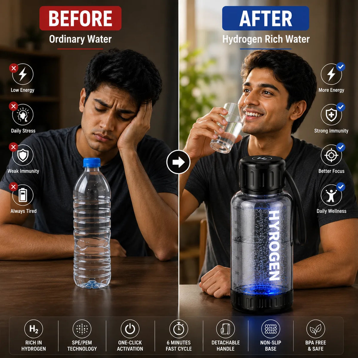 Portable Hydrogen Water Bottle with PEM Technology in 6-Minute Electrolysis for Home Office Travel & Fitness