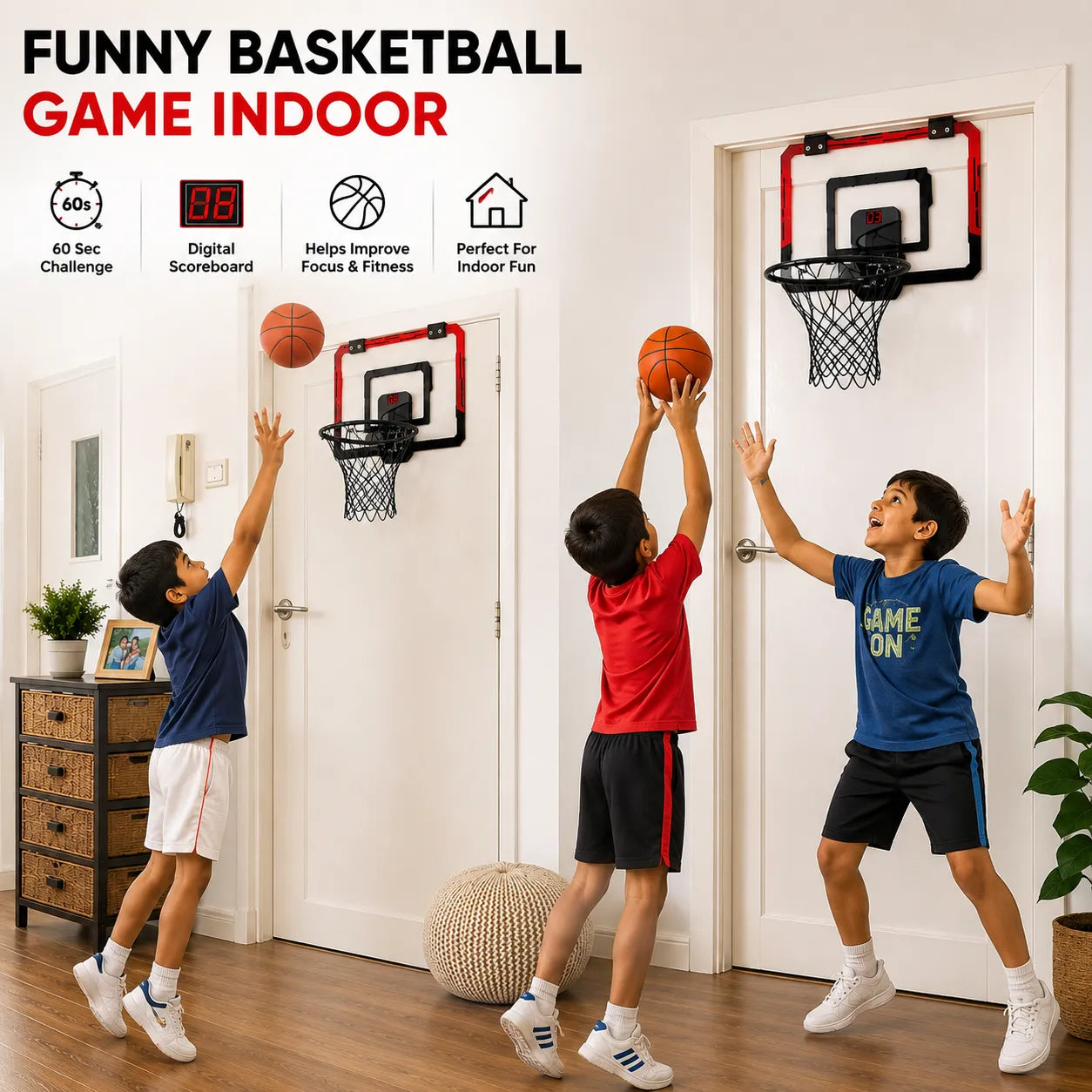 Wall Basketball Basket with 3 Balls, Scoreboard And LED Lights For Indoor - Outdoor