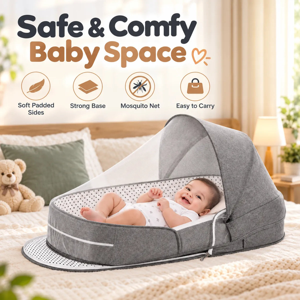 Portable Travel BabyBed, Cosleeping Bed with Mosquito Net and BabyDiaper Changing Pad,Lightweight and Foldable