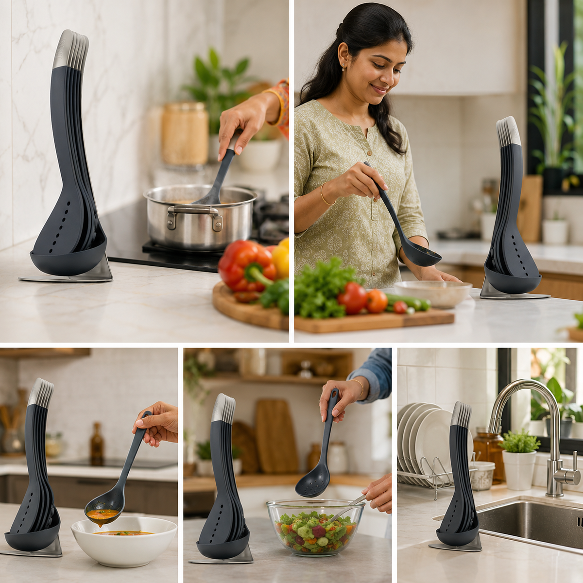 5-Pc Non Stick Kitchen Cooking Utensils Set with Magnetic Storage Stand | Crafted in UK
