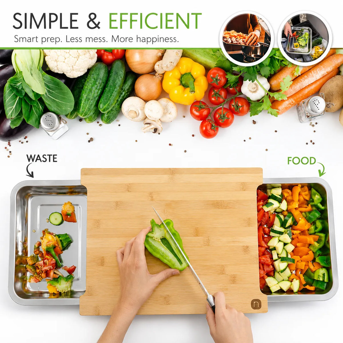 Chopping Board with Magnetic Trays – Practical Chopping Board in High Quality Bamboo Wood with Tray
