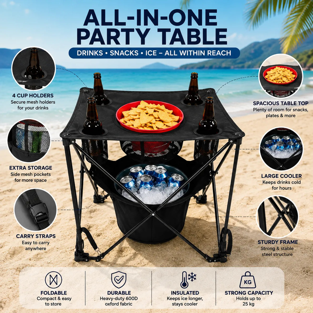 Portable Camping Table With Insulated Cooler for Outside, Fishing, Hiking, Tailgating