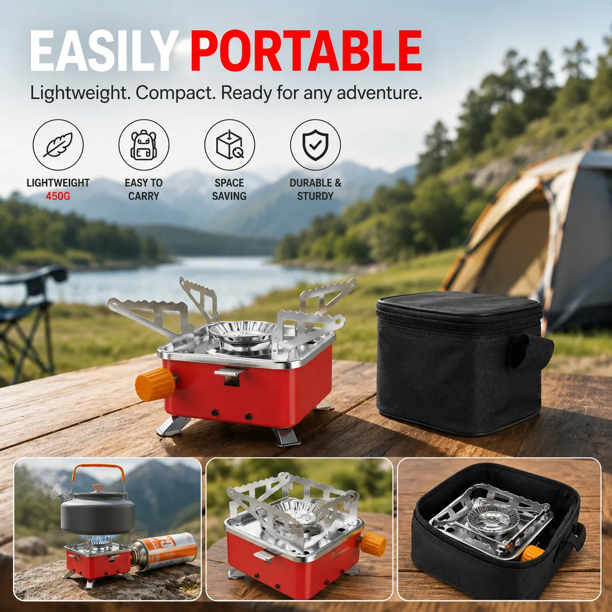 Portable Camping Gas Stove for Travel, Hiking, Outdoor Picnic & Emergency Cooking Use with Storage Bag