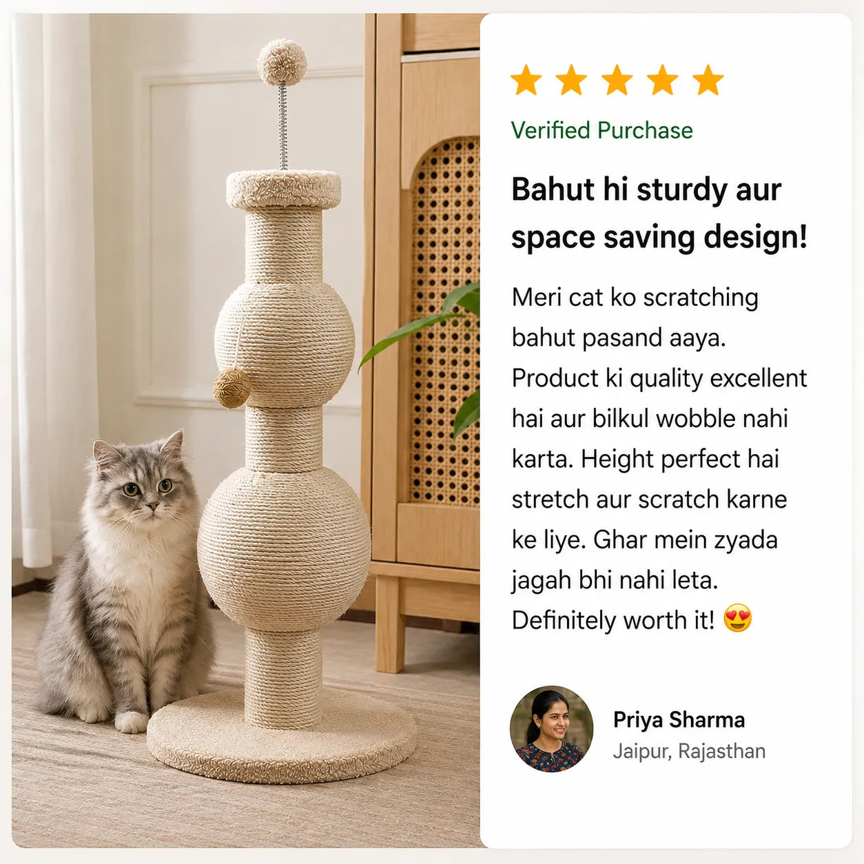 Multi-Function Sisal Cat Scratching Post with Teaser Spring Ball for Indoor Cats and Kittens