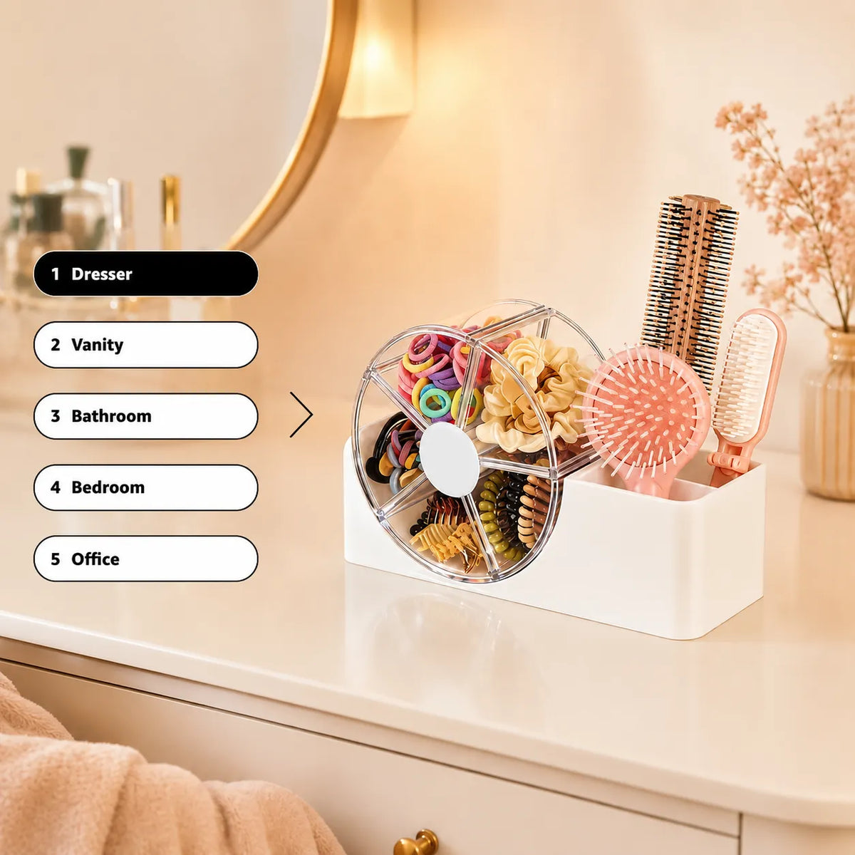 Accessories Organizer with 5-Section Rotating Case With 2-Slot For Dresser, Vanity, Bathroom, Bedroom & Office