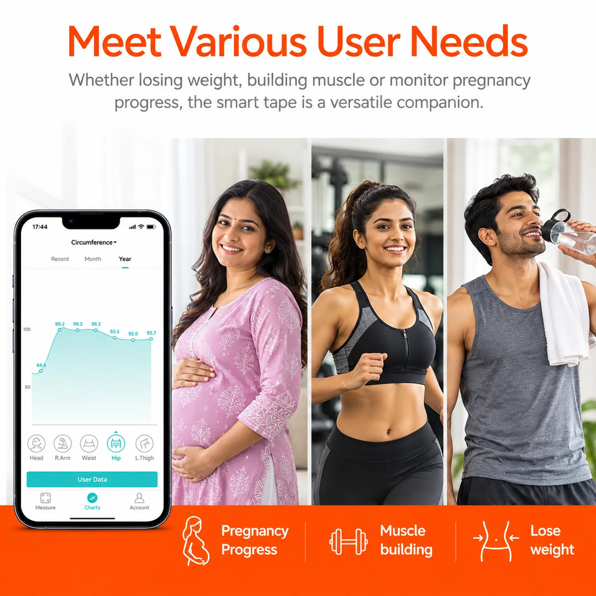 One-hand Retractable Tape with Lock, Fitness & Weight Loss Tracker for Waist/Hips/Arms/Legs, Fitdays App Sync