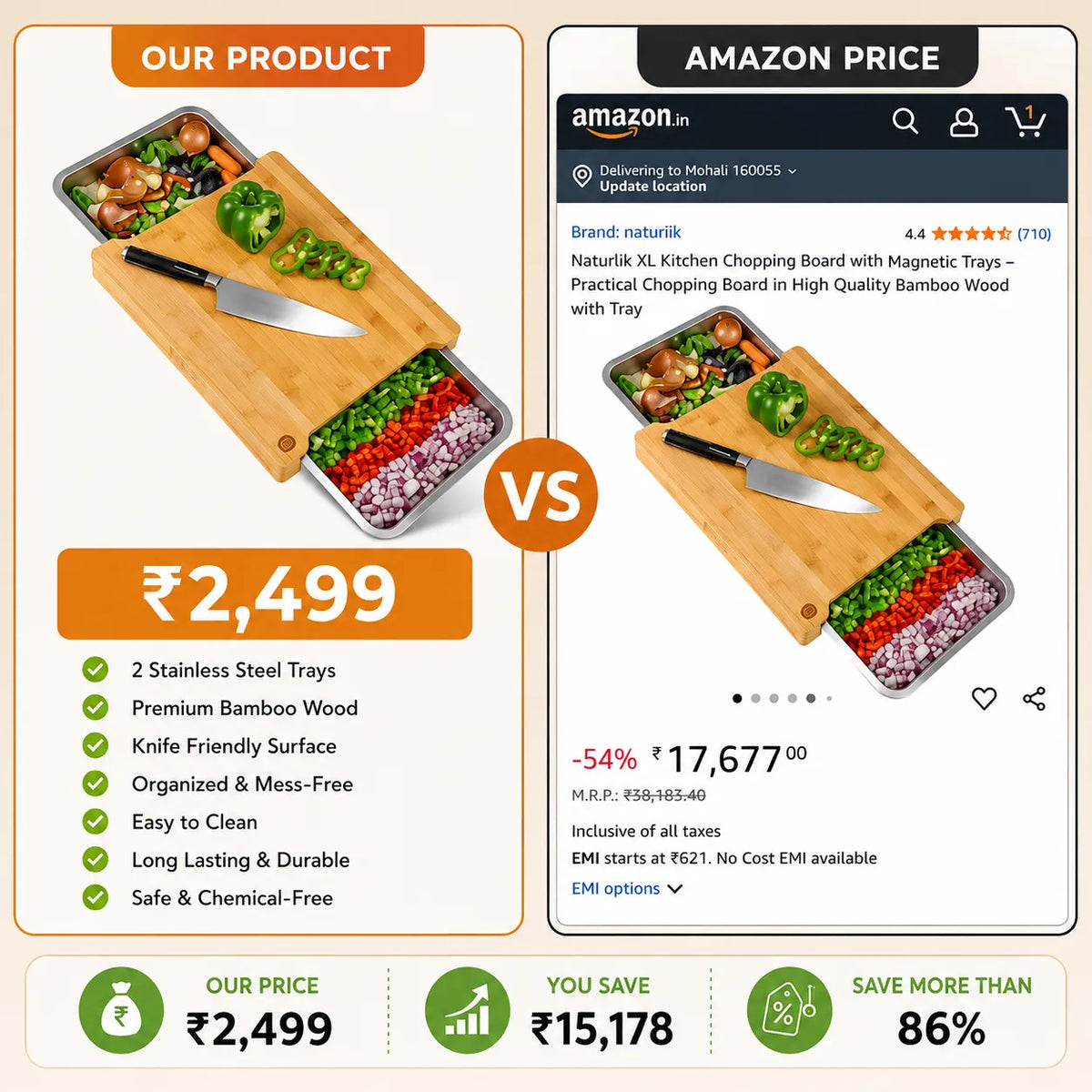 Chopping Board with Magnetic Trays – Practical Chopping Board in High Quality Bamboo Wood with Tray