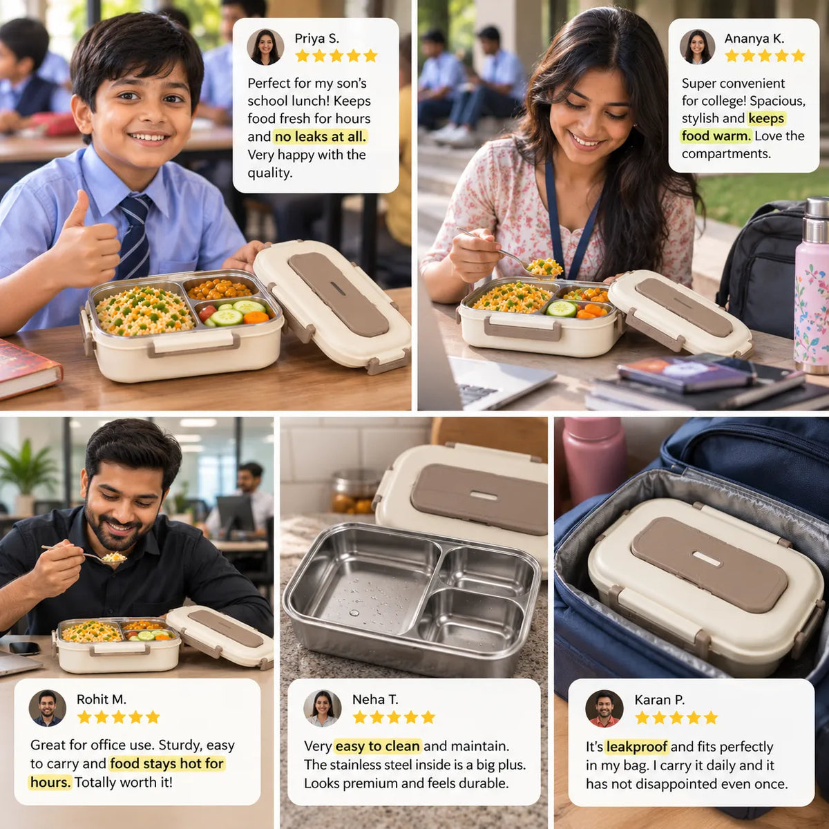 Microwave-Safe Insulated Lunch Box with 5 Compartments Lunchable Food Container with Spoon & Chopsticks