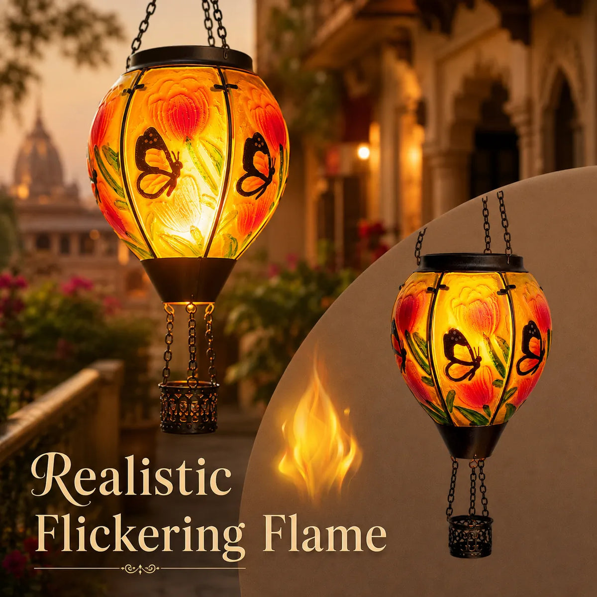 Hot Air Balloon Solar Lantern with Flickering Flame Light for Outside Garden Patio Porch Tree Yard