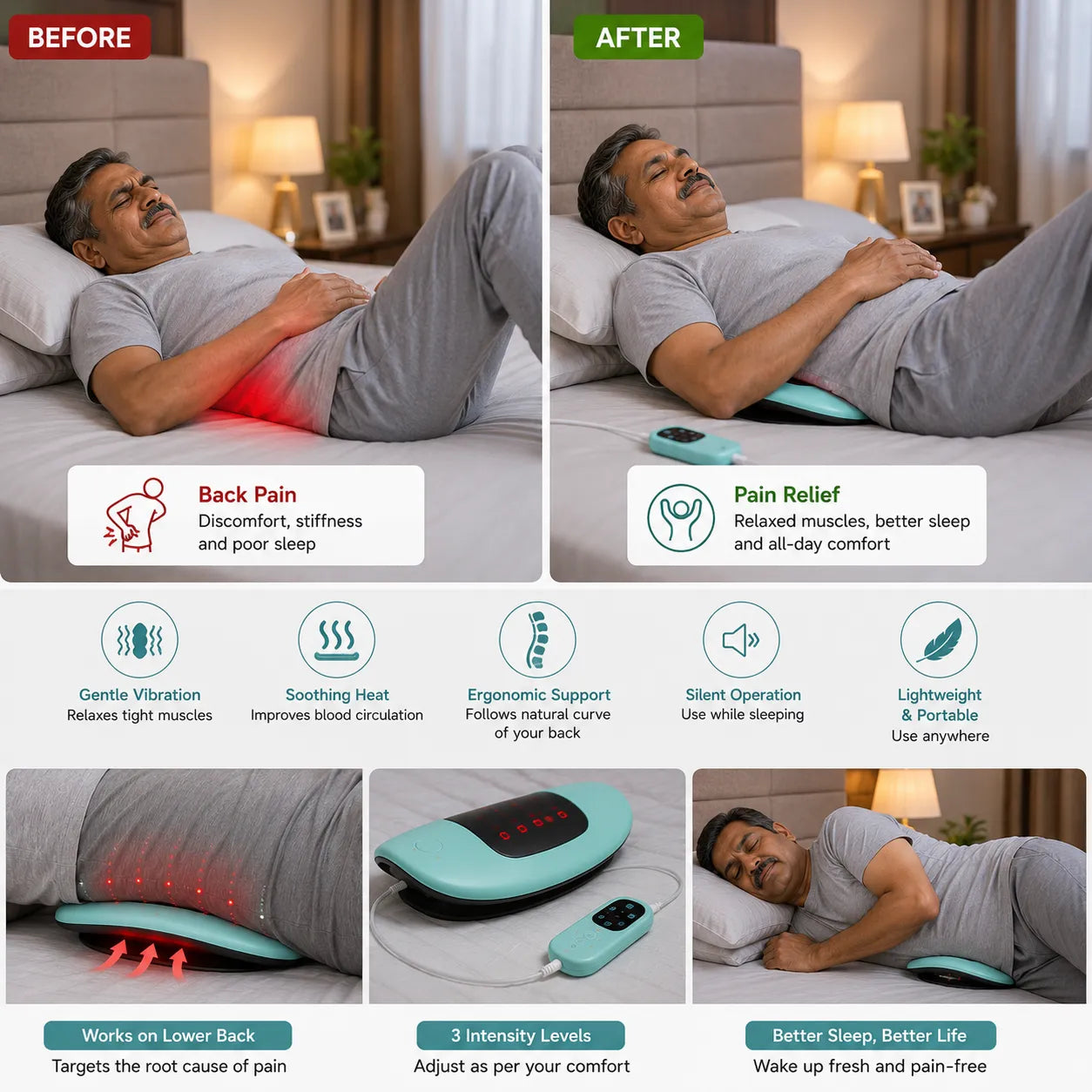 Hot Compress Back Pain Relief Lumbar Massager for Muscle Relaxation, Posture Improvement, Stress Relief, and Daily Back Care