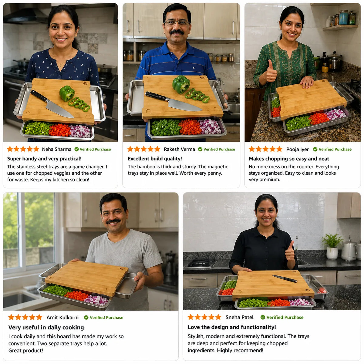 Chopping Board with Magnetic Trays – Practical Chopping Board in High Quality Bamboo Wood with Tray