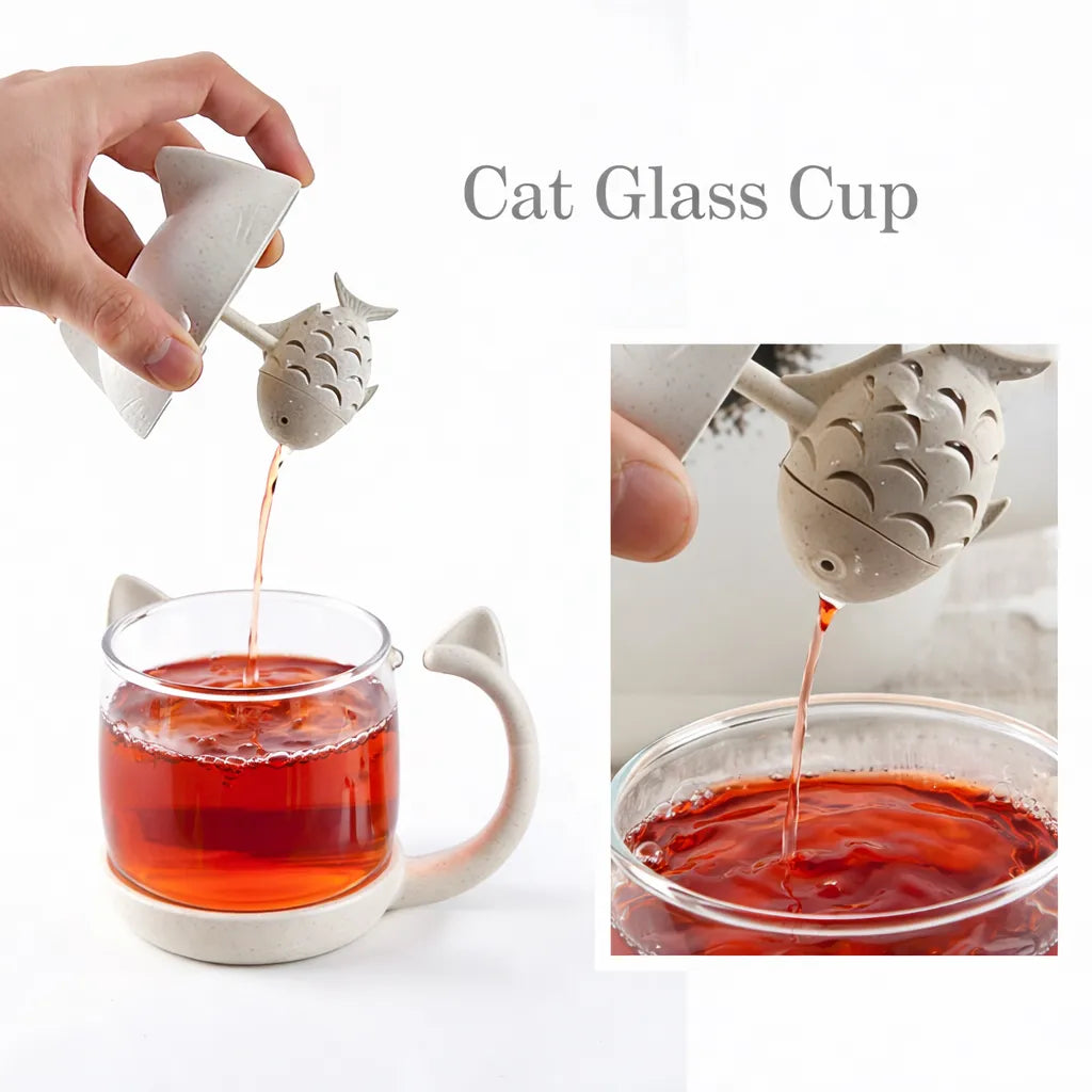 Cute Cat Glass Tea Mug with Fish Infuser & Lid