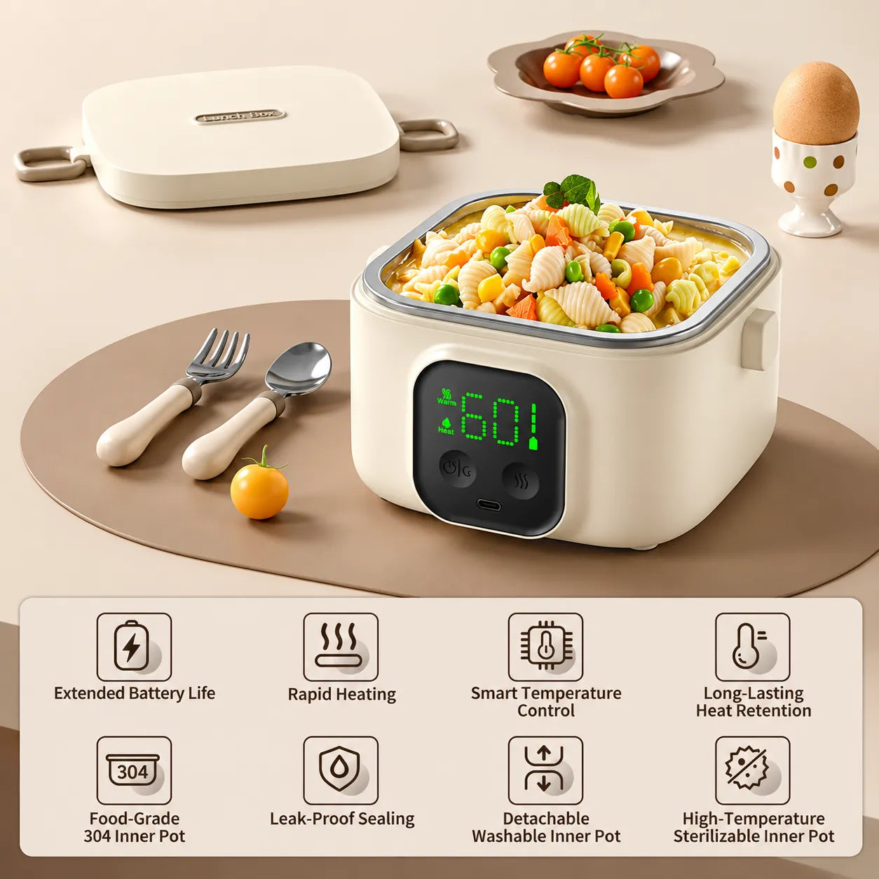 7 Levels Heating Function Cordless Lunch Box with Battery | Portable for Home, School, Travel, and Office