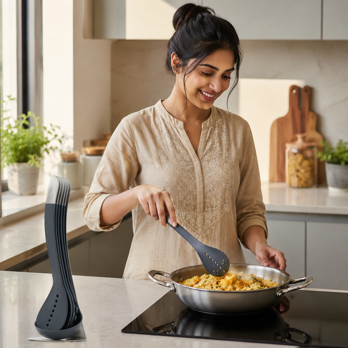5-Pc Non Stick Kitchen Cooking Utensils Set with Magnetic Storage Stand | Crafted in UK