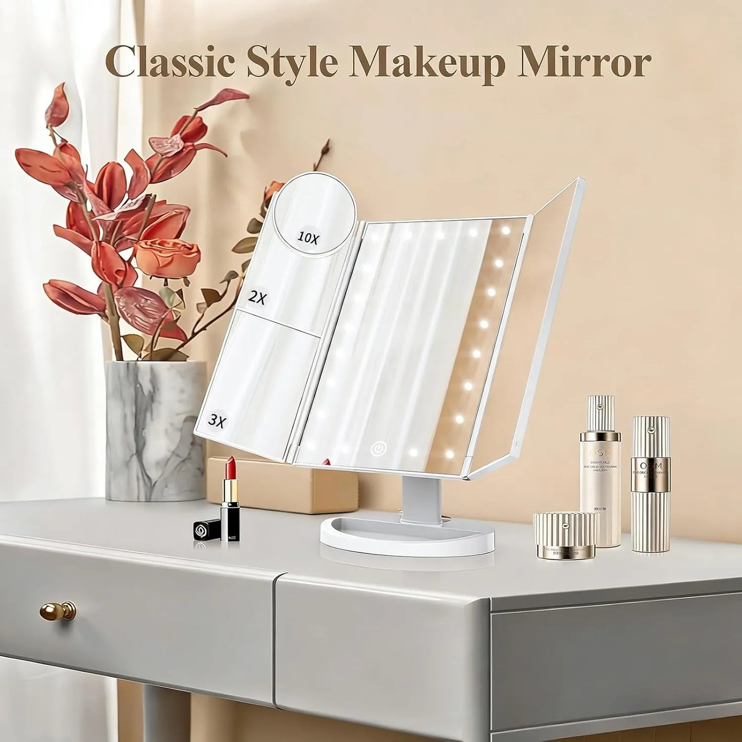 22 LED Trifold 10X Magnifying Makeup Mirror – Dual Power
