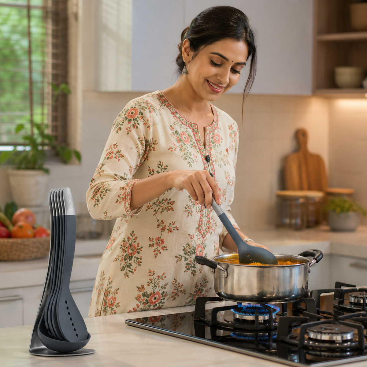 5-Pc Non Stick Kitchen Cooking Utensils Set with Magnetic Storage Stand | Crafted in UK