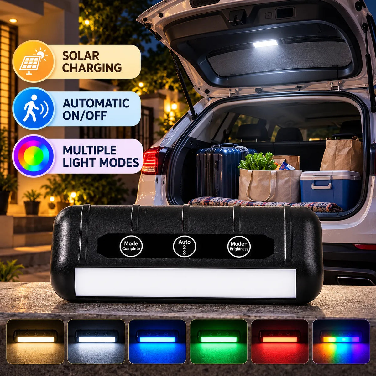Solar Trunk Emergency Reading Light |  Rechargeable Multi-Color Automotive & Camping Light