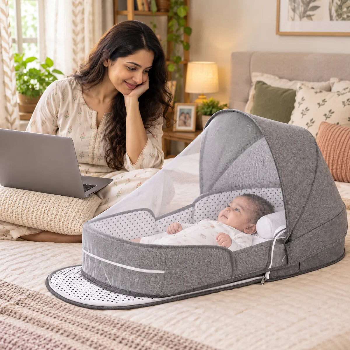Portable Travel BabyBed, Cosleeping Bed with Mosquito Net and BabyDiaper Changing Pad,Lightweight and Foldable