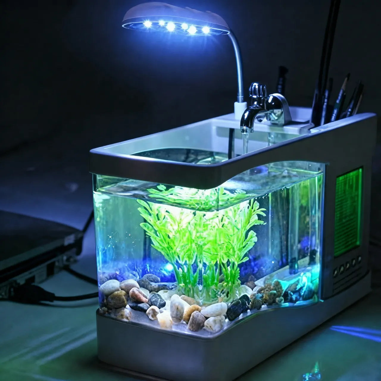 5-in-1 Smart Desktop Aquarium with LED, Clock & Fountain