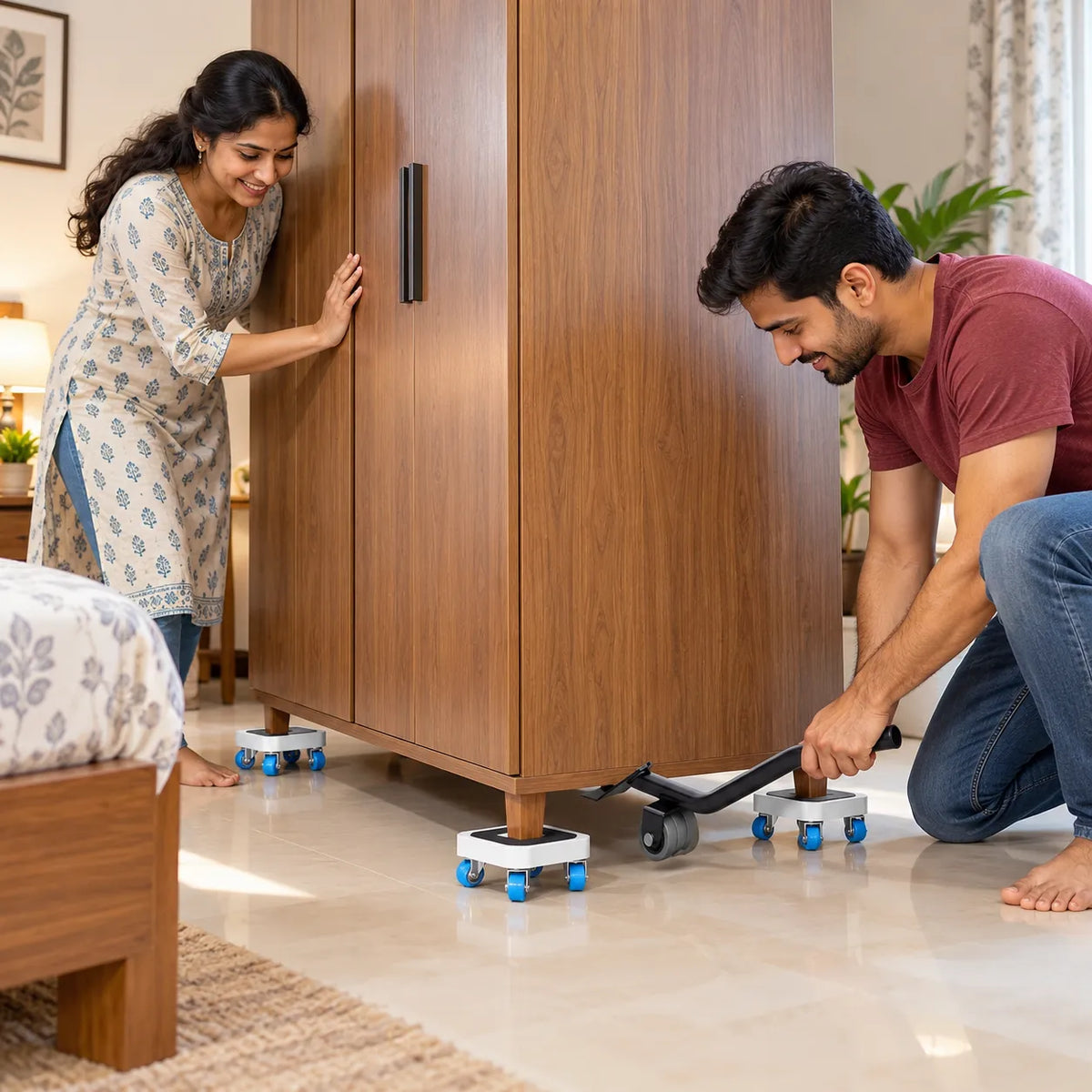 360° Rotating Heavy Duty Appliances & Furniture Mover With 1 High-Leverage Steel Crowbar Lifter, 4 Omnidirectional Wheeled Dollies