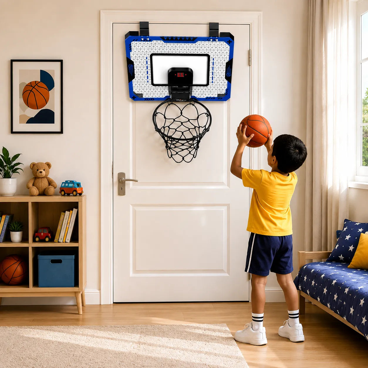 Wall Basketball Basket with 3 Balls, Scoreboard And LED Lights For Indoor - Outdoor
