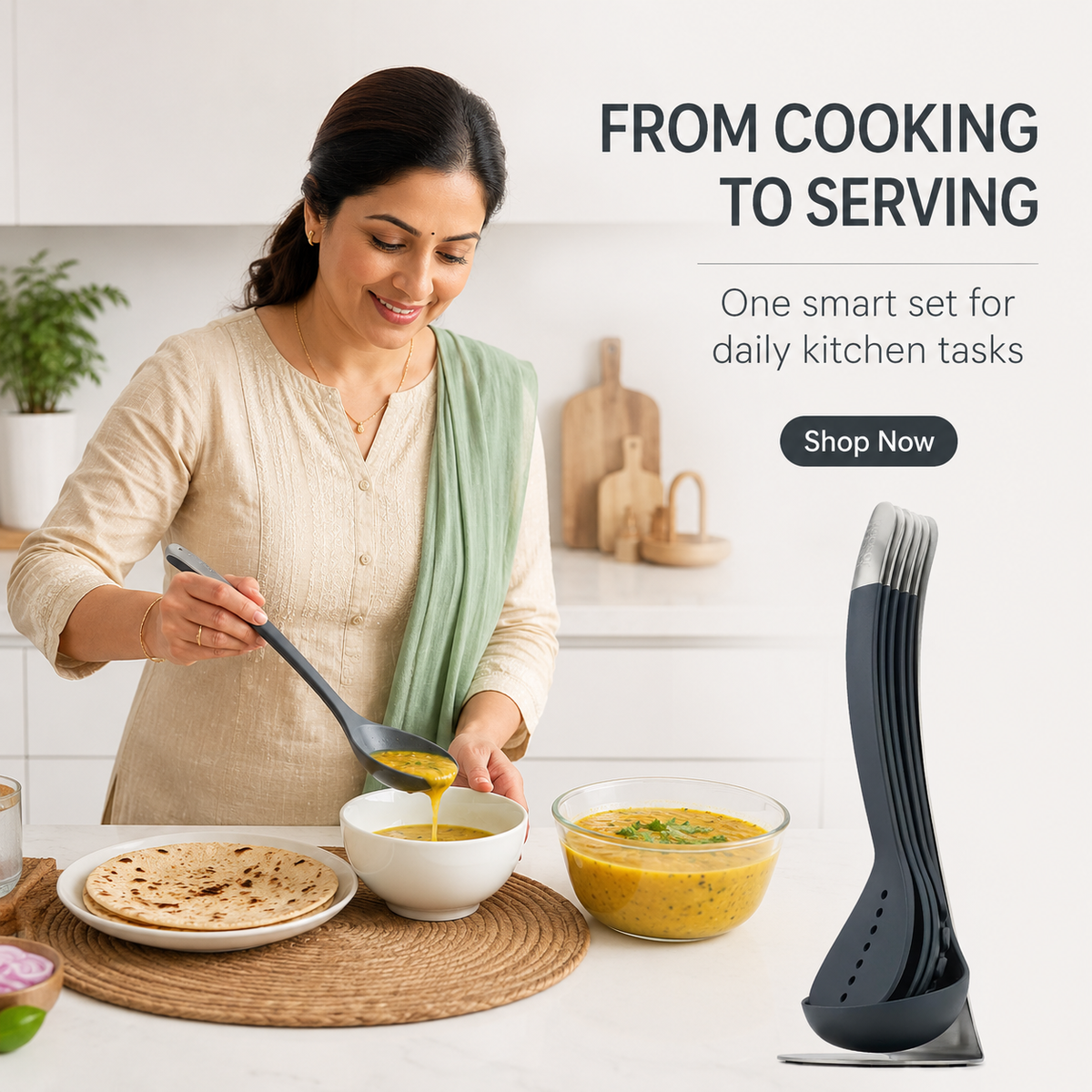 5-Pc Non Stick Kitchen Cooking Utensils Set with Magnetic Storage Stand | Crafted in UK