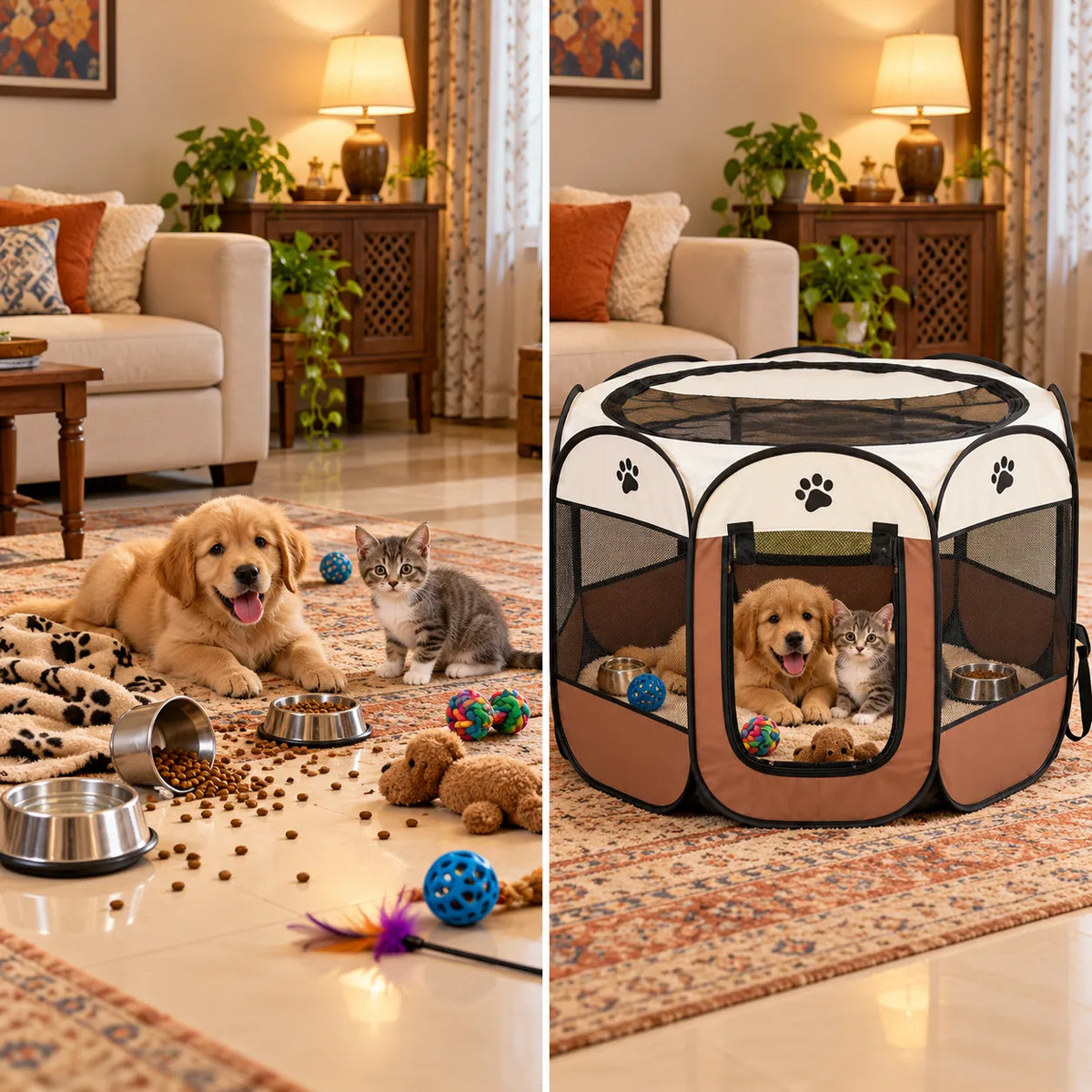 Foldable Octagonal Pet Enclosure Tent Portable Pop-Up Breathable Mesh House Shelter Cattery for Cats Dogs and Small Animals