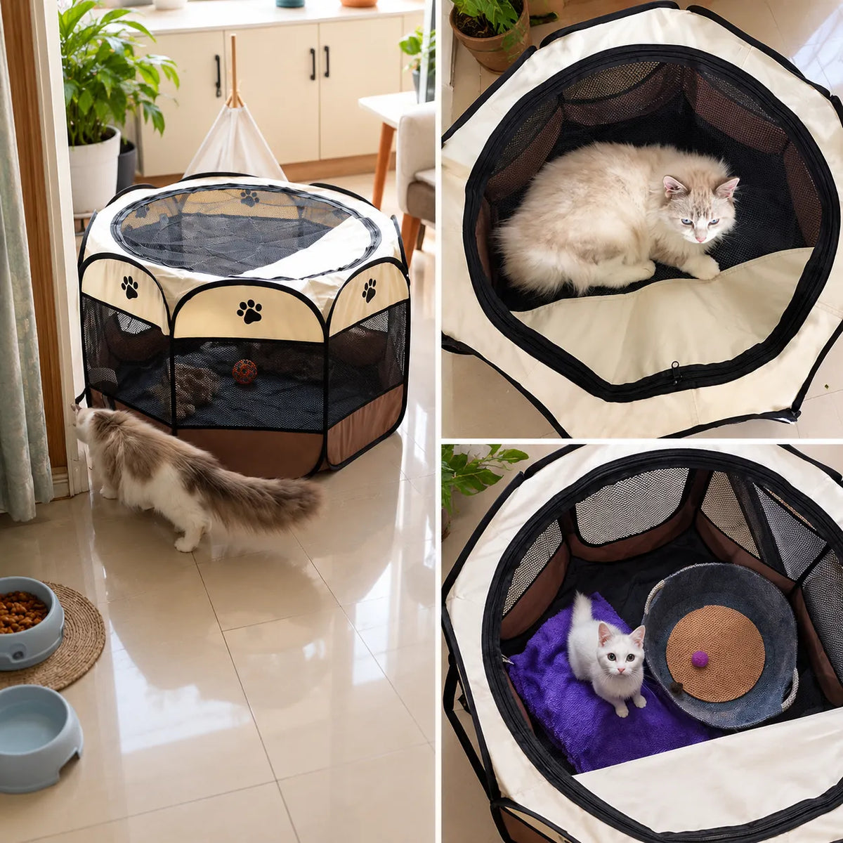 Foldable Octagonal Pet Enclosure Tent Portable Pop-Up Breathable Mesh House Shelter Cattery for Cats Dogs and Small Animals