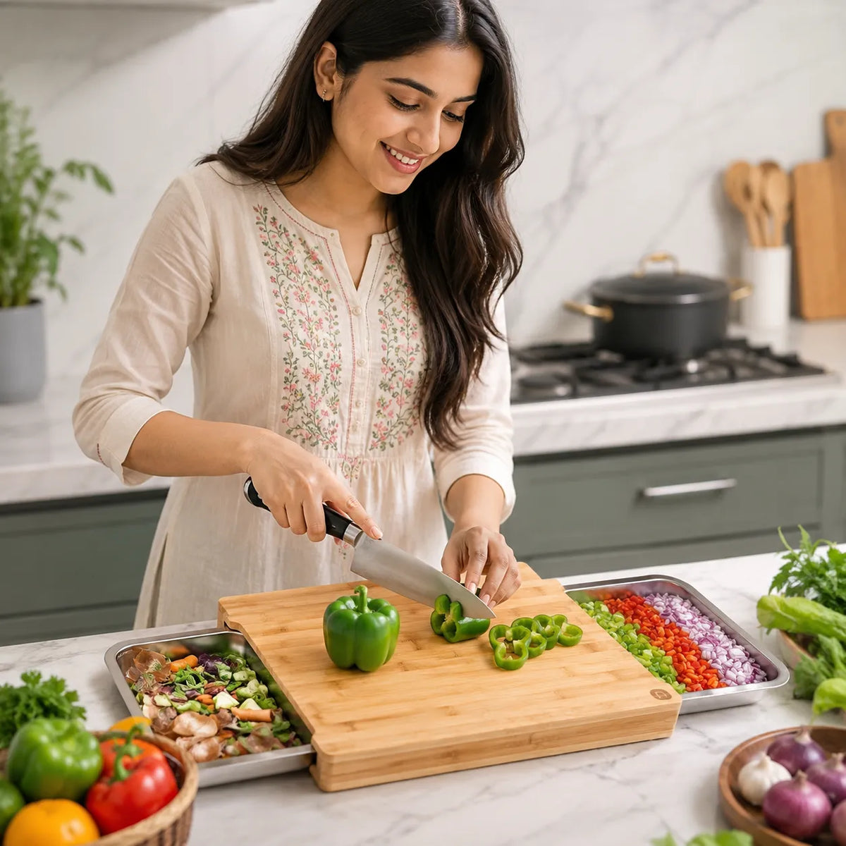 Chopping Board with Magnetic Trays – Practical Chopping Board in High Quality Bamboo Wood with Tray