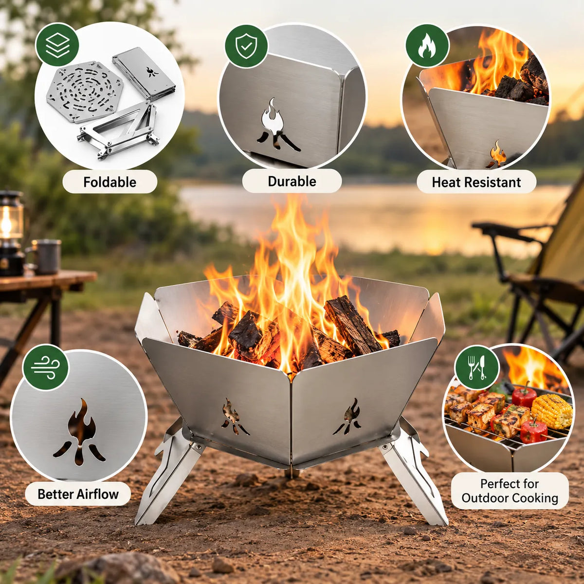 2-in-1 Folding Stainless Steel Camping Fire Pit & Stove for Picnic, Barbecue, Campfire & Hiking