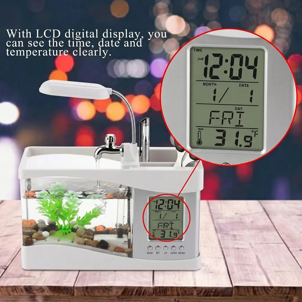 5-in-1 Smart Desktop Aquarium with LED, Clock & Fountain