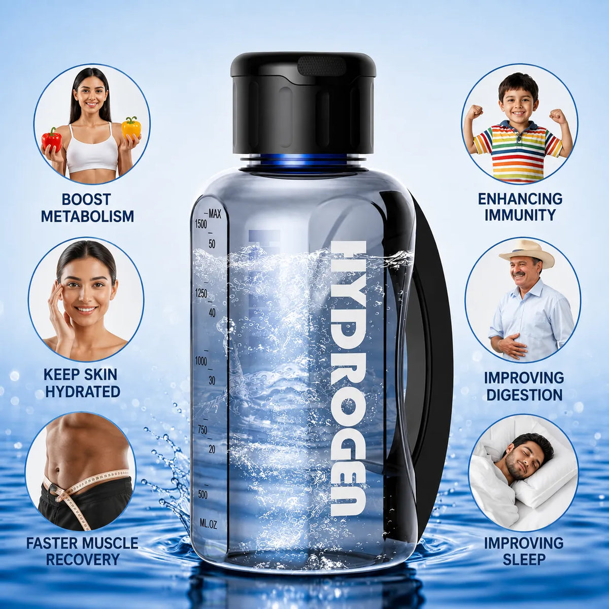 Portable Hydrogen Water Bottle with PEM Technology in 6-Minute Electrolysis for Home Office Travel & Fitness