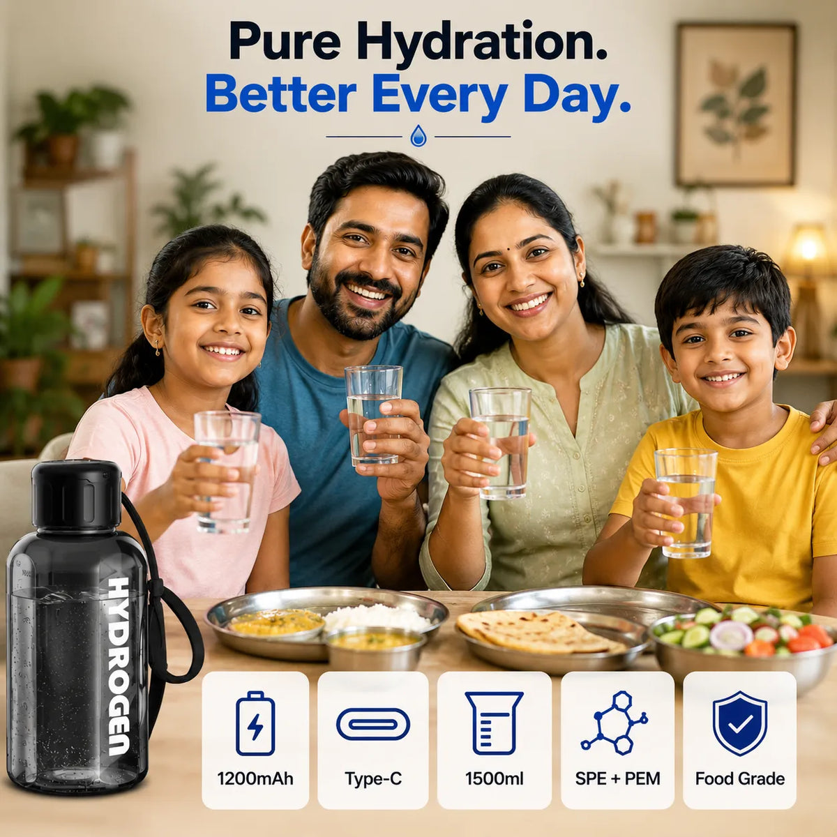 Portable Hydrogen Water Bottle with PEM Technology in 6-Minute Electrolysis for Home Office Travel & Fitness