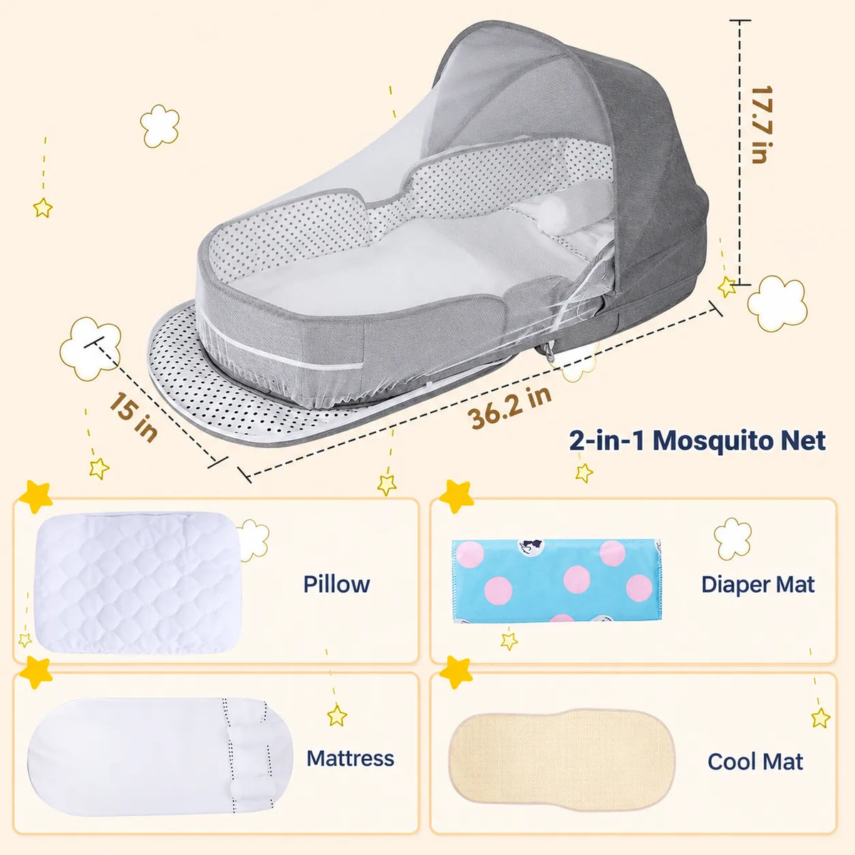 Portable Travel BabyBed, Cosleeping Bed with Mosquito Net and BabyDiaper Changing Pad,Lightweight and Foldable