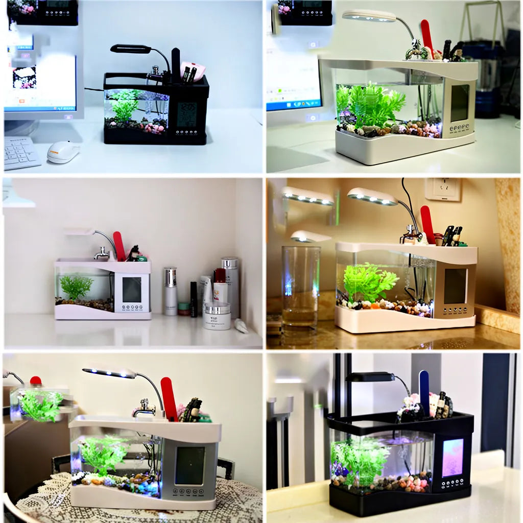 5-in-1 Smart Desktop Aquarium with LED, Clock & Fountain