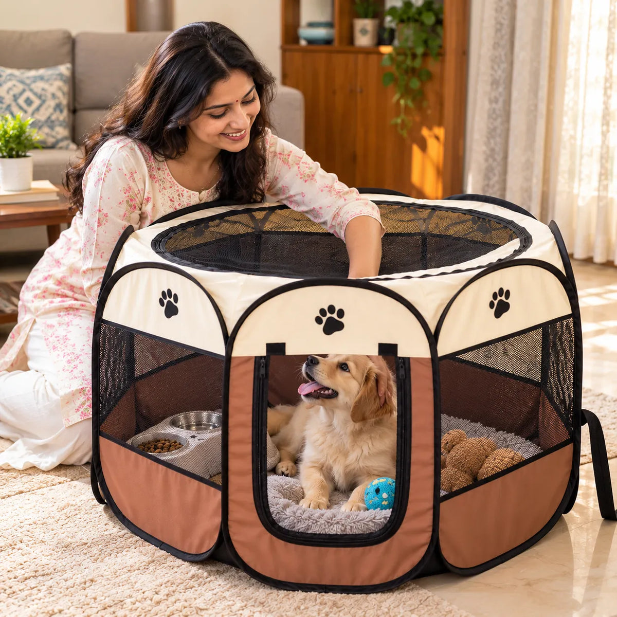 Foldable Octagonal Pet Enclosure Tent Portable Pop-Up Breathable Mesh House Shelter Cattery for Cats Dogs and Small Animals