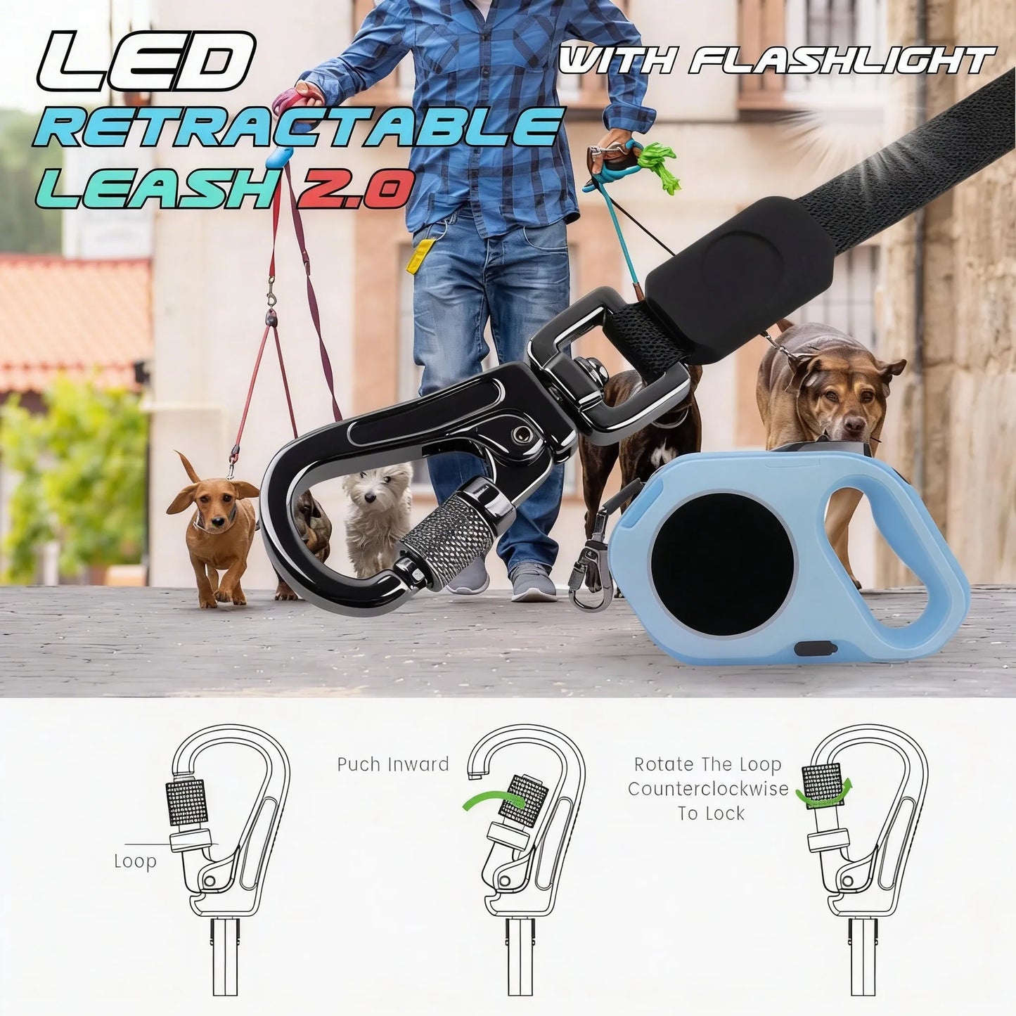 LED Retractable Dog Leash with Flashlight