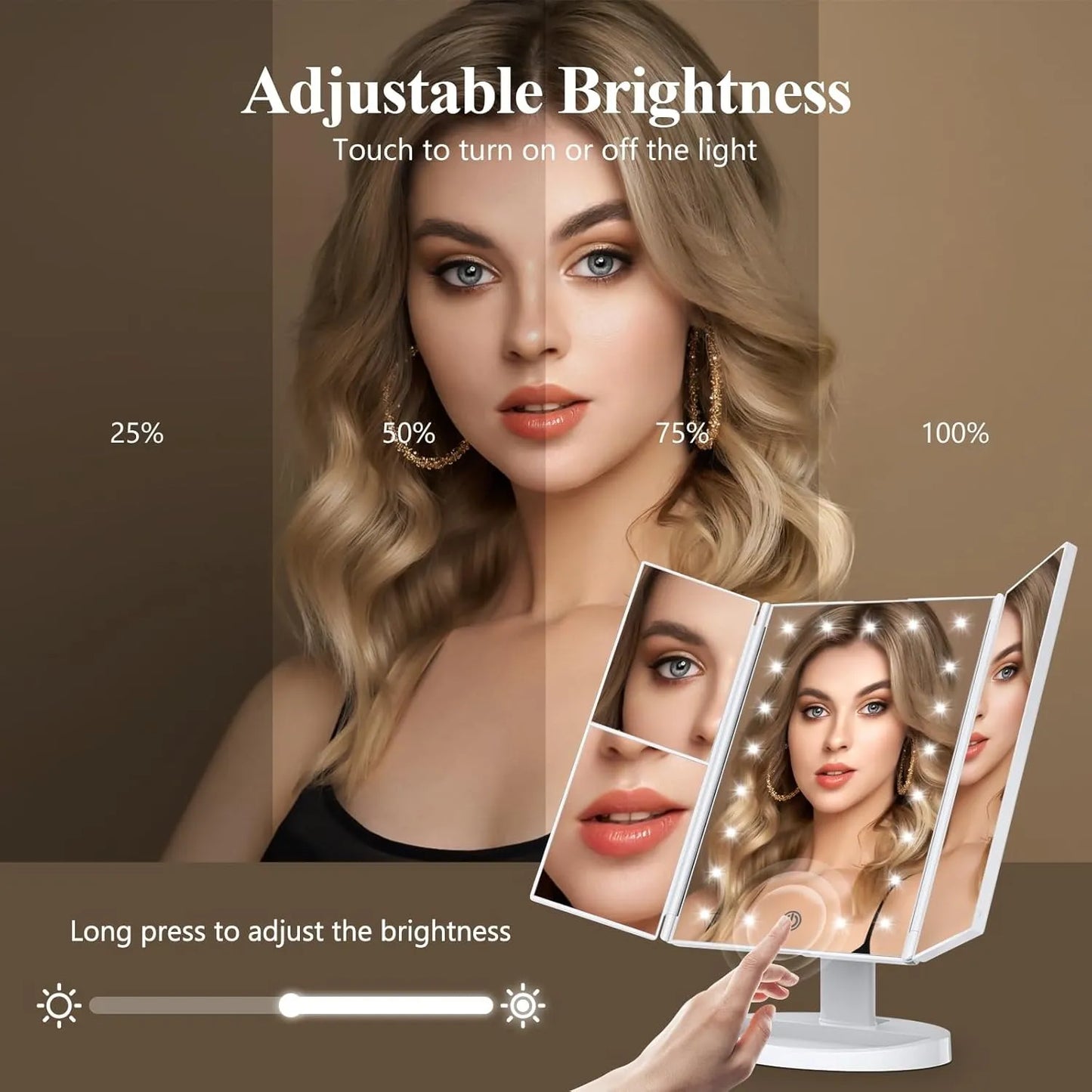 22 LED Trifold 10X Magnifying Makeup Mirror – Dual Power