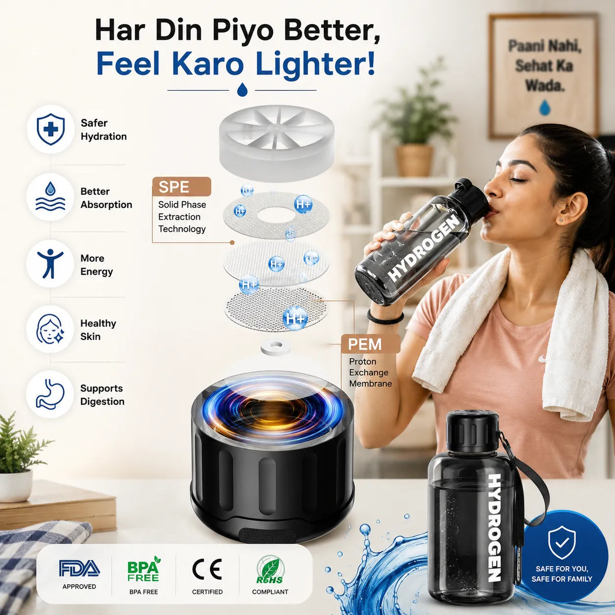 Portable Hydrogen Water Bottle with PEM Technology in 6-Minute Electrolysis for Home Office Travel & Fitness
