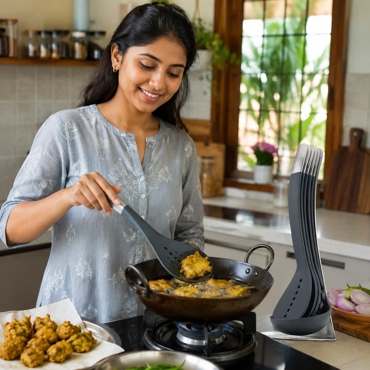 5-Pc Non Stick Kitchen Cooking Utensils Set with Magnetic Storage Stand | Crafted in UK