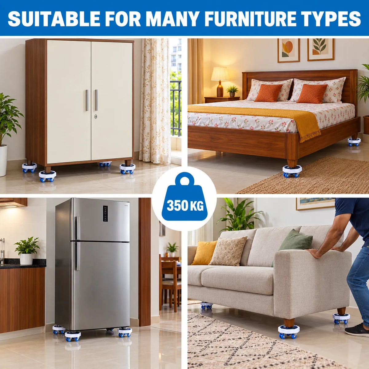 360° Rotating Heavy Duty Appliances & Furniture Mover With 1 High-Leverage Steel Crowbar Lifter, 4 Omnidirectional Wheeled Dollies