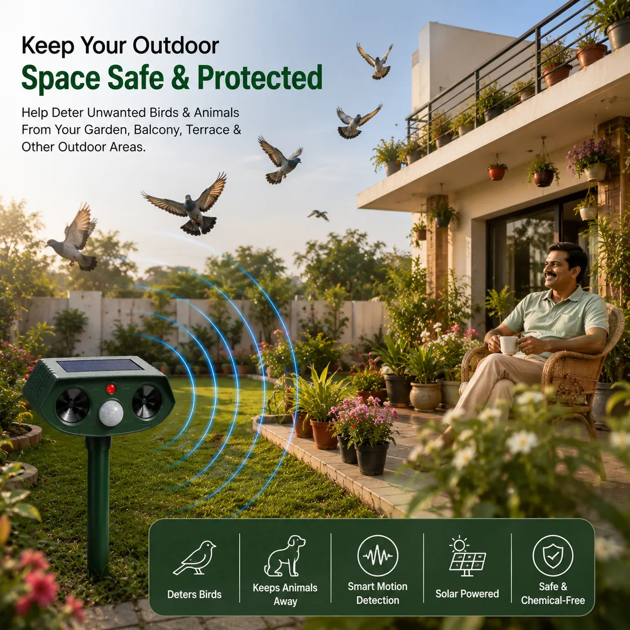 Waterproof Solar Powered Animal Repeller for Rats,Squirrels,Dogs,Foxes and Birds  with Motion Sensor & LED Flash