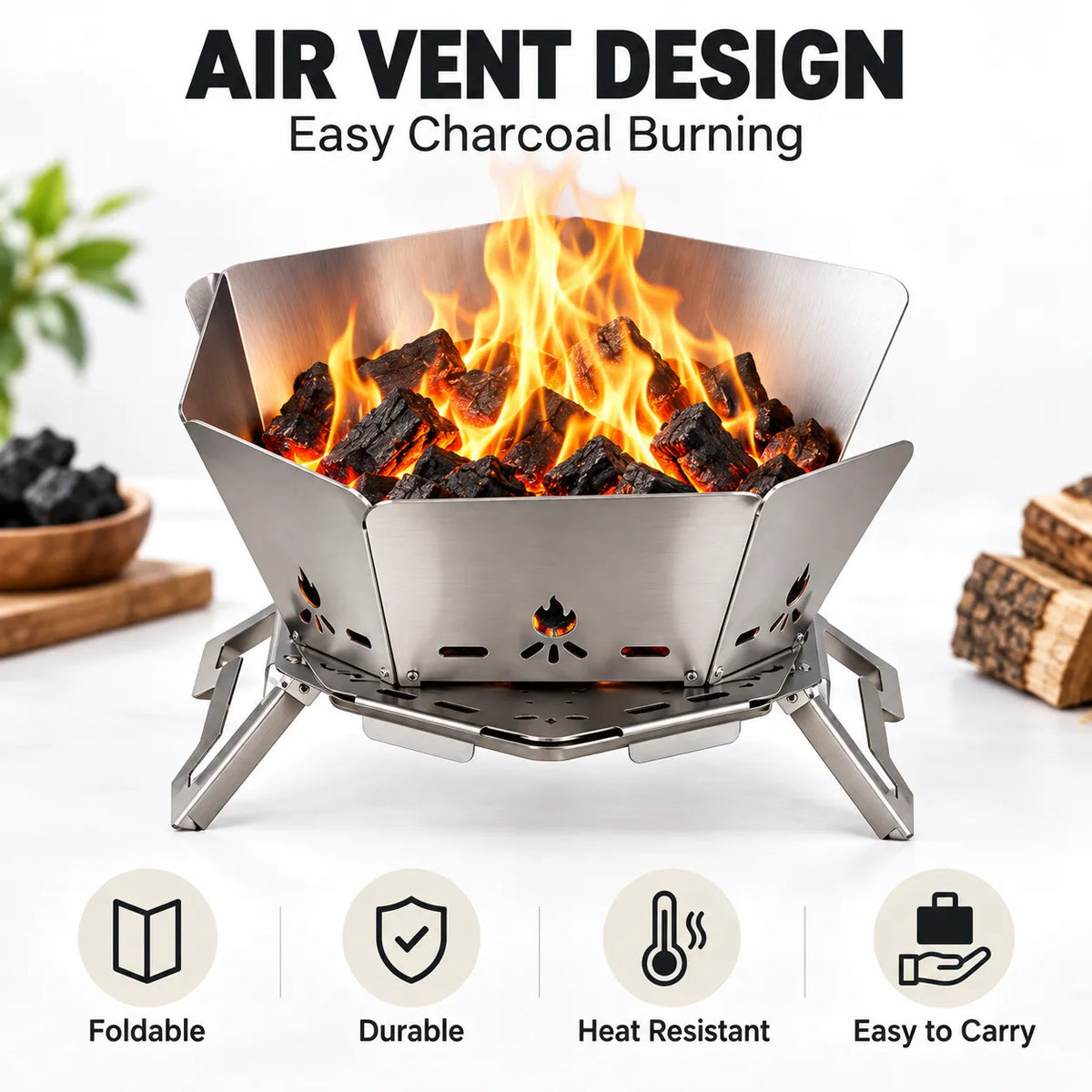 2-in-1 Folding Stainless Steel Camping Fire Pit & Stove for Picnic, Barbecue, Campfire & Hiking