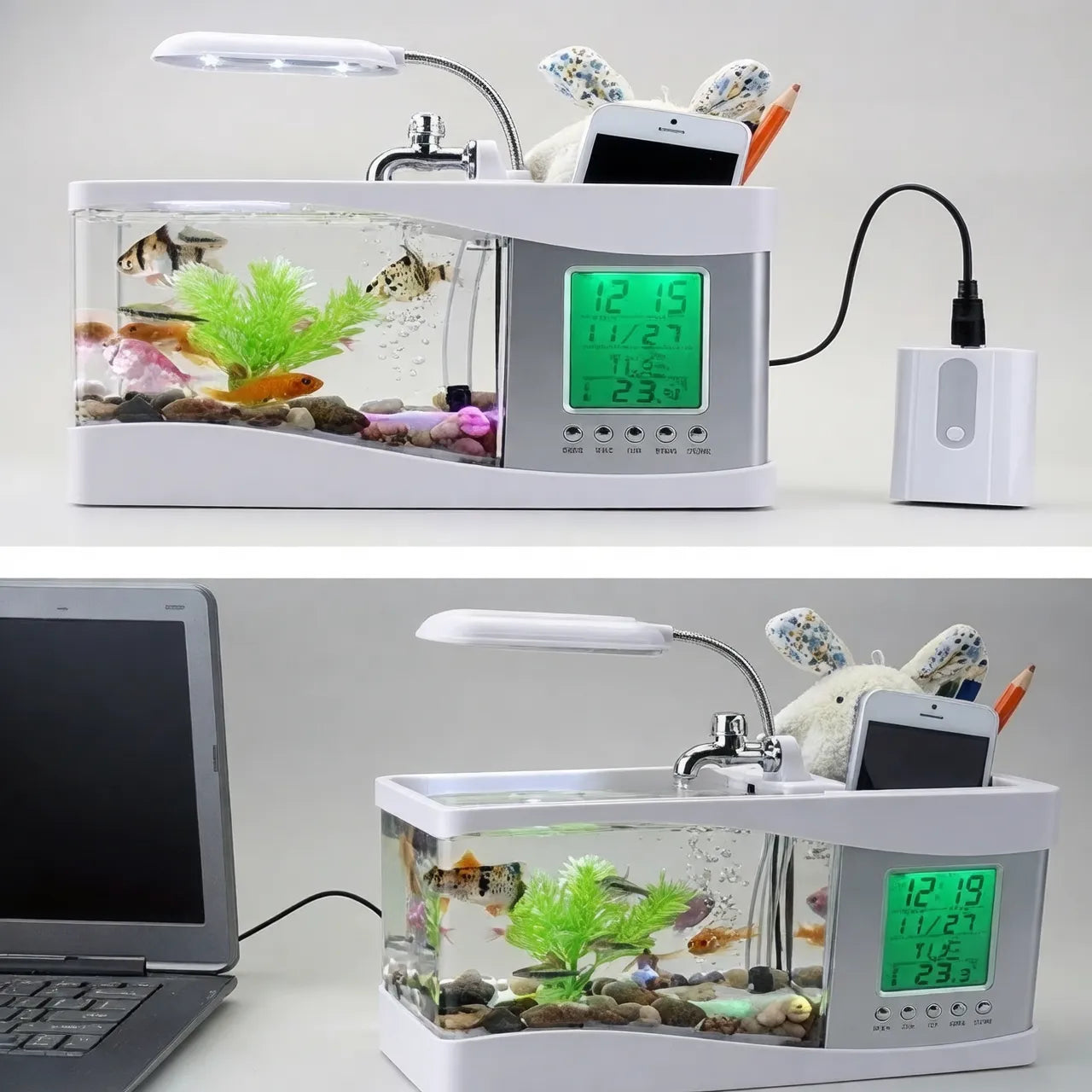 5-in-1 Smart Desktop Aquarium with LED, Clock & Fountain