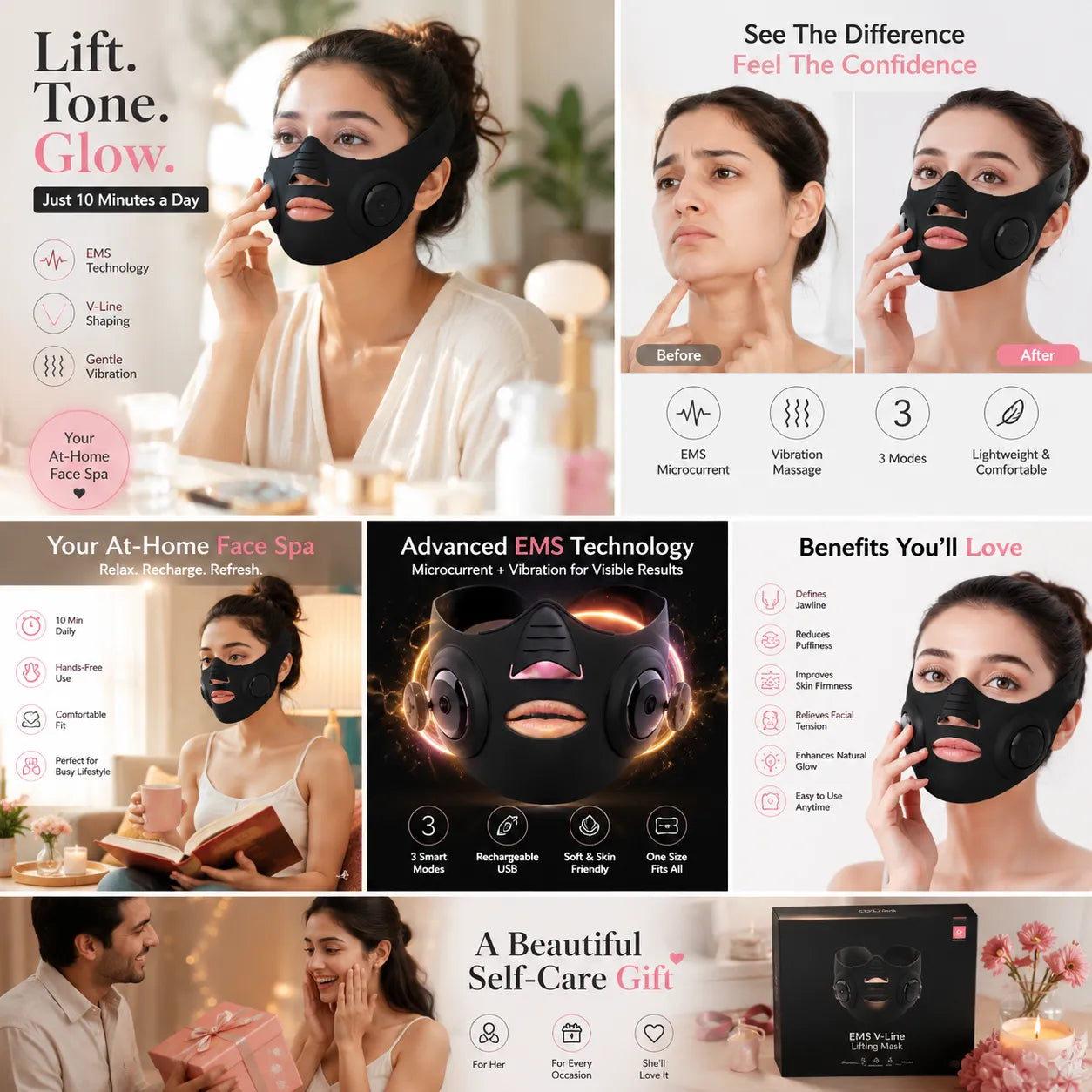 Reduction or complete disappearance of the double chin V-Face Massager