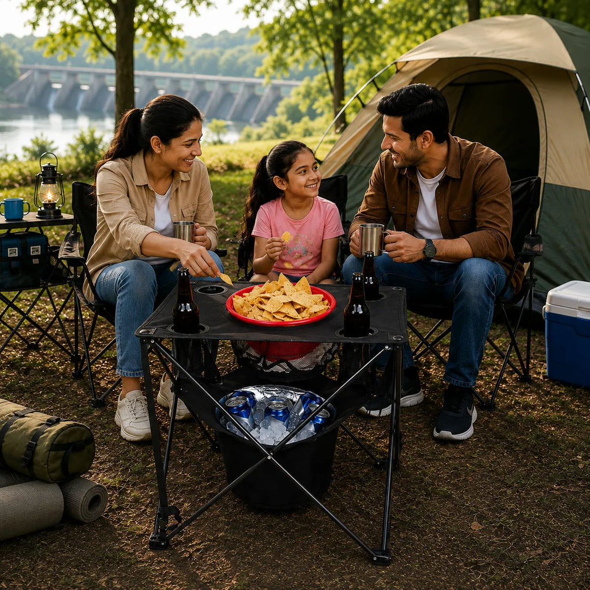 Portable Camping Table With Insulated Cooler for Outside, Fishing, Hiking, Tailgating