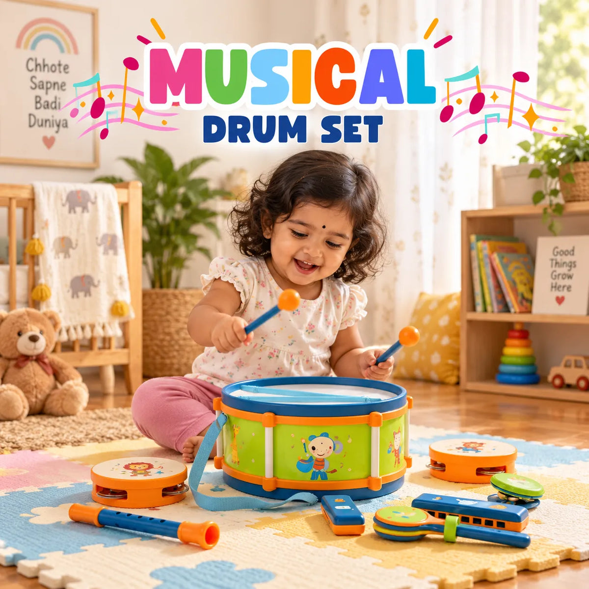 Rockstar Drum Set For Kids with 2 Drum Sticks and Microphone, Musical Instruments Playset, Birthday Gift for Boys and Girls